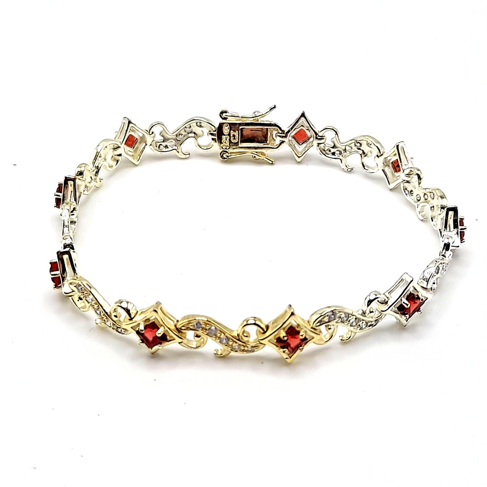 925 Sterling Silver Red CZ Tennis Bracelet Square Link 7.25 Inch